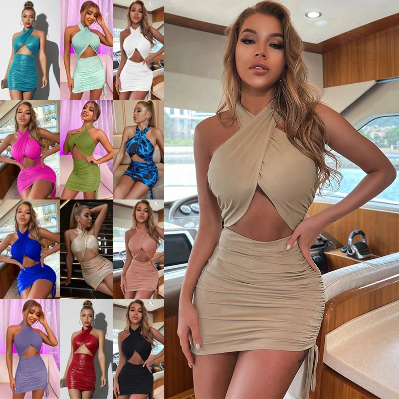

D&M Cheap Summer 2021 New Fashion Clothing Women's Ropa Vestidos De Mujer SEXY Club Dress Criss-Cross Halter Bodycon Dresses, Shown,or customized color,provide color swatches