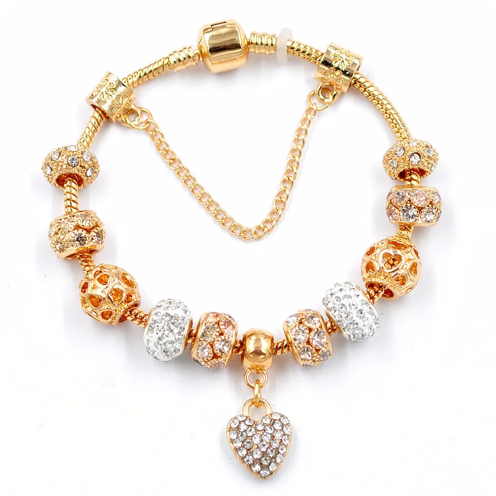

New Arrival High Quality Jewelry Gold Plated Snake Chain Bracelet Bangle Crystal Love Heart Charm Bracelet For Women Man, Picture