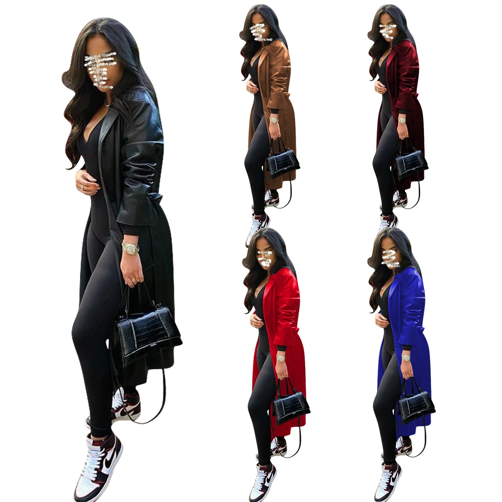 

Sexy Pu Leather Trench Coat for Women Belted Fall Winter Clothes Fashion Streetwear Long Coat Cardigan Night Club Jacket Autumn