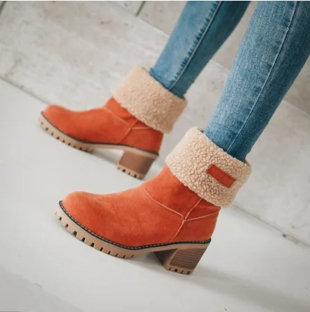 

Women Shoes Snow boots Slope heel Ladies Winter Flock High Heels Boots Fashion Ankle Boots Short Bootie Slip-On Outside Shoes