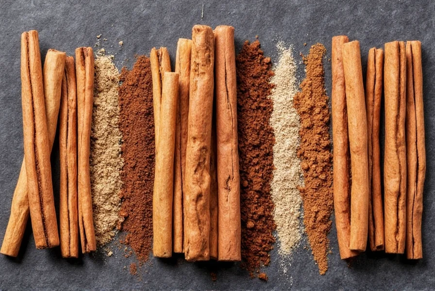 Cinnamon sticks arranged next to common baking ingredients showing culinary applications for both Ceylon and Cassia varieties