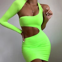 

Solid Irregular Hollow Out One Shoulder Neon Bodycon Mini Dress Women Club 2019