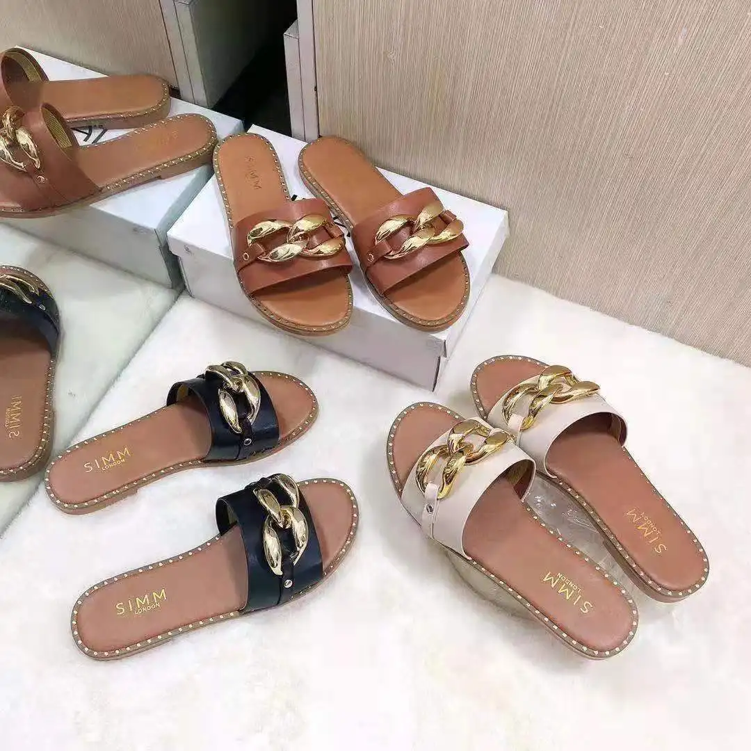 

2021 New trendy women's flats chic chain slippers hot sale sexy slides outdoor casual flat shoes, 3 colors as picture