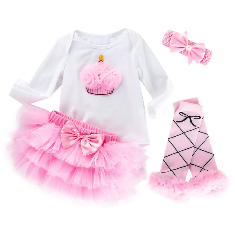 

Spring and Autumn Baby Long Sleeve Holiday Romper First 1st birthday girl outfit babies Fashion Pink Skirt Set, White + pink