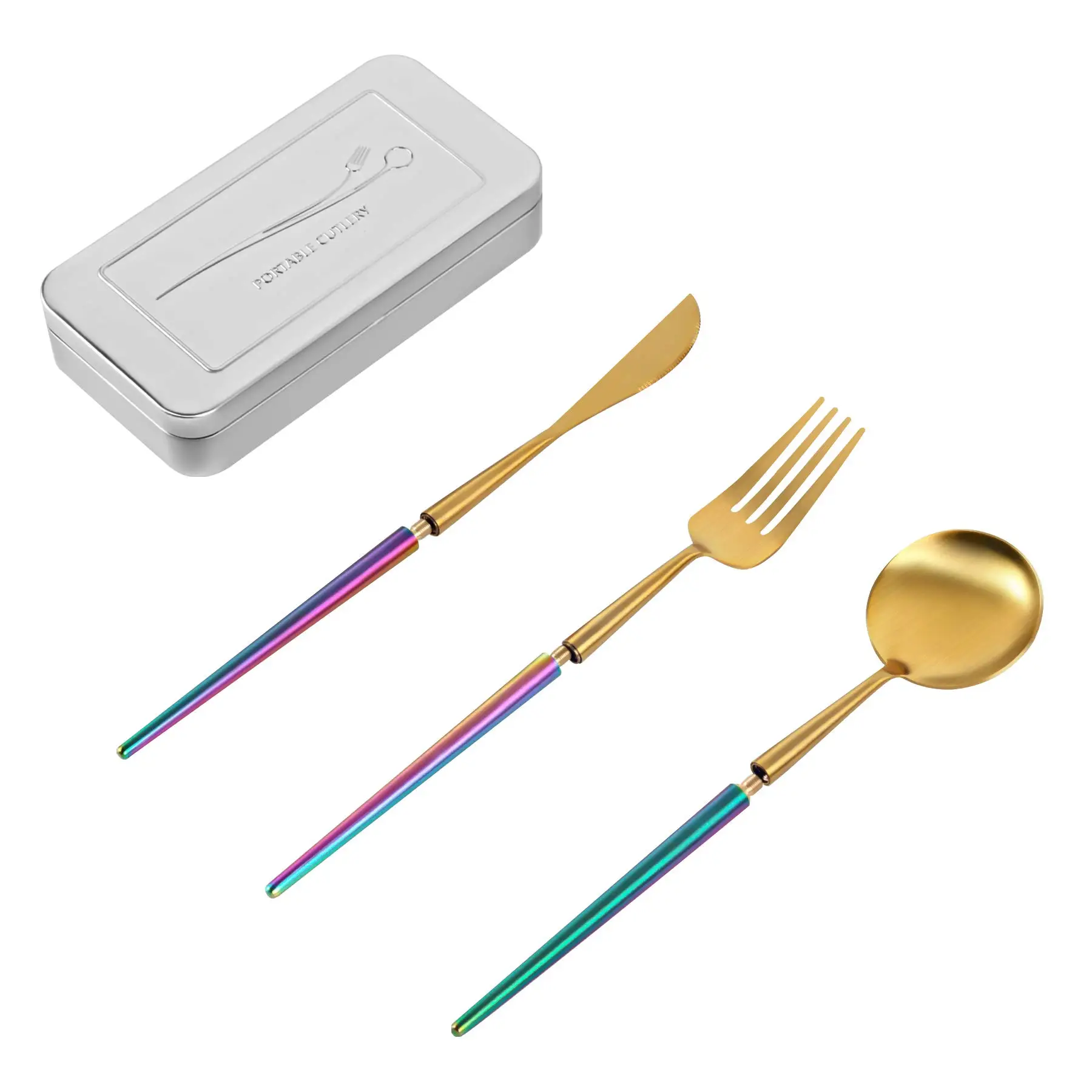 

Detachable Spoon and Fork Set Travel Camping Portable Reusable Cutlery Set Eco-friendly Foldable Flatware With Case, Silver/gold/rose gold/rainbow/black/
