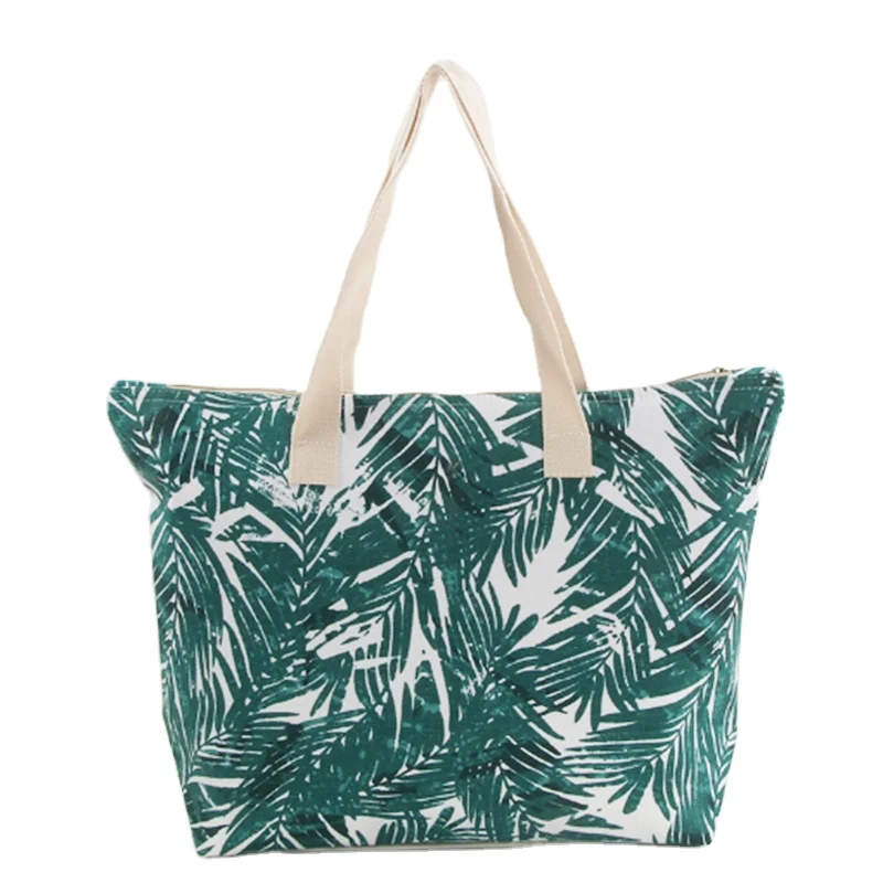 

Green Leaf Handbag RTS Personalized Fashion Zipper Canvas Tropical Plant Tote Bag