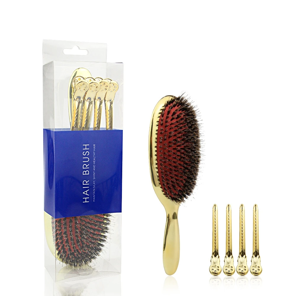 

Private Label Handle Airbag Plated Boar Bristle Nylon Detangling Hairbrush Scalp Massage Combs Sets With Hair Clip, Gold,rose gold,silver or customized