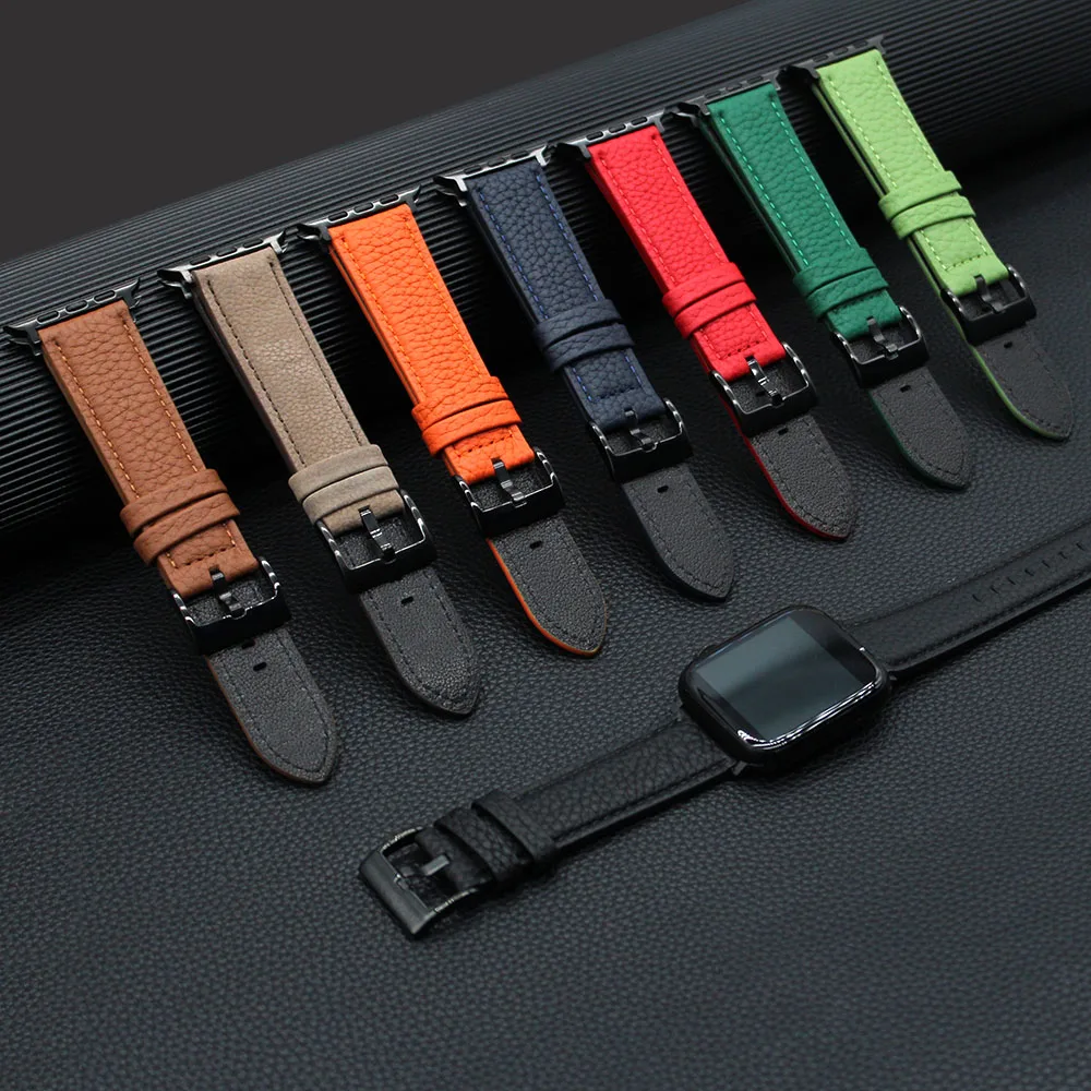 

Litchi Grain Genuine Leather Watch Band Cowhide Pressed Thread Leather Watch Strap For iWatch Series Ultra 7 6 5 4 SE Wristband