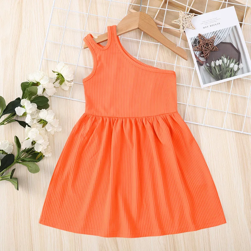 

3 Colors Summer Lovely Toddler Clothing Girls Dress Clothing Solid One Shoulder Knit Knee Length A-Line Kids Sundress, Picture shows