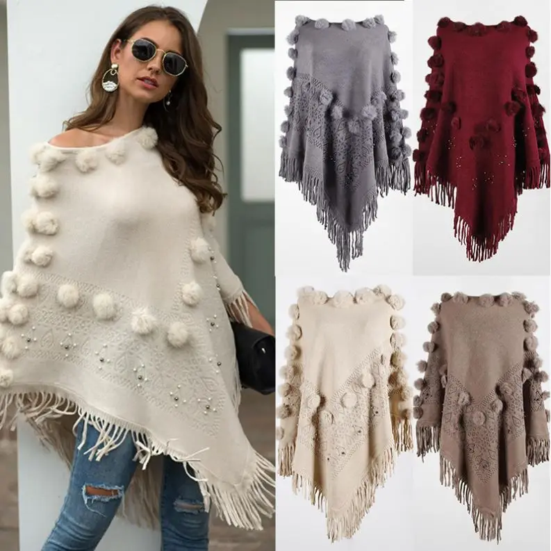 

fall in winter 2020 new women's clothing sweater shawl fringed cape fur balls studded with beaded crew-neck sweater for women