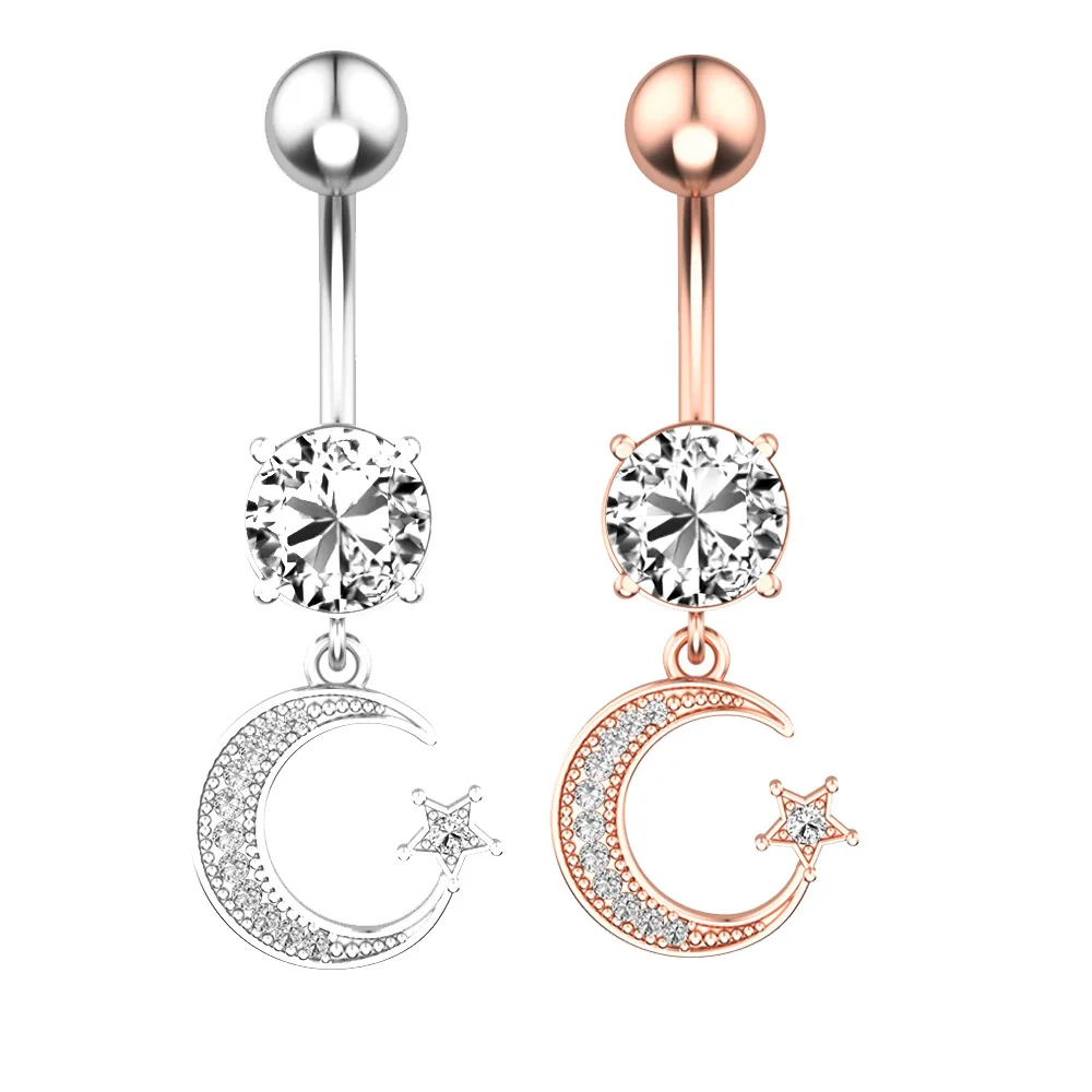 

Sexy Clear Zircon Moon Dangling Belly Button Ring For Women 316L Stainless Steel Star Belly Piercing Jewelry, Silver / rose gold