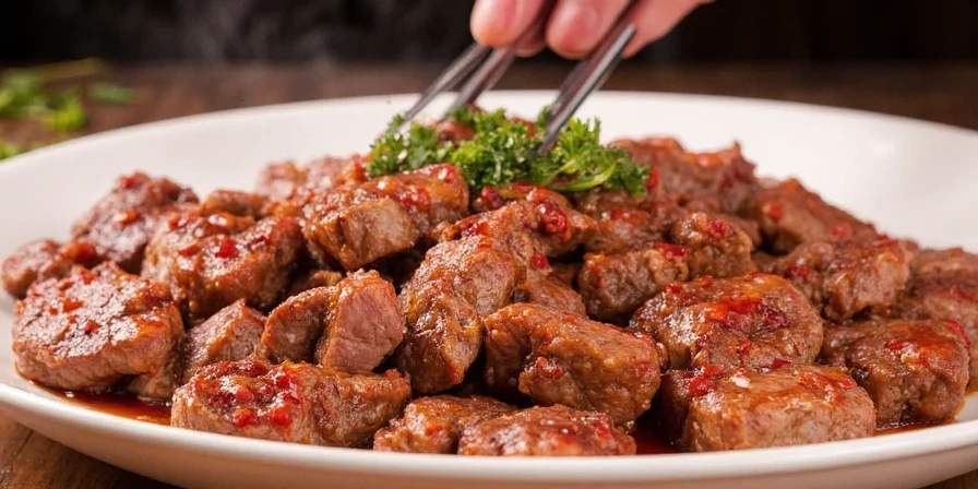 Beef strips marinating in a glass bowl with sesame oil, garlic, and gochujang