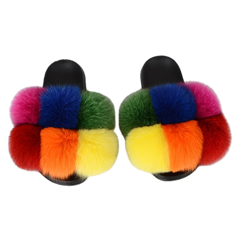 

Big Fur Female Furry Flip Flops Casual Women Real Fur Fuzzy Slippers Sandals Fox Fur Slides, Customized color