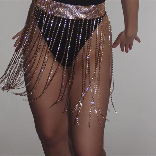 

Female ins tassel bright rhinestone chain dance stage performance belt nightclub waist chain, As picture