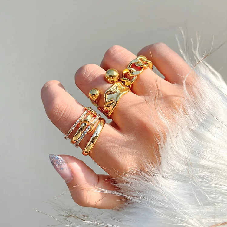 

Ins Style Minimalist Adjustable CZ Gold Plated Opening Rings Irregular Textured Lava Shape Opening Link Chain Rings