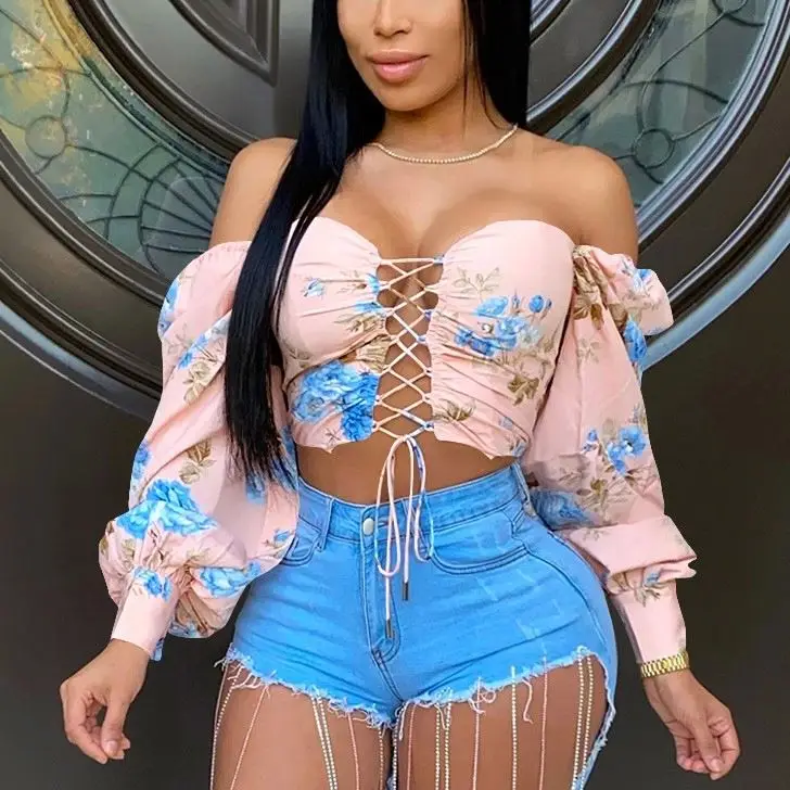 

X00796S Sexy lace - up digital print long sleeve hollowed-out top, Pink blue purple yellow