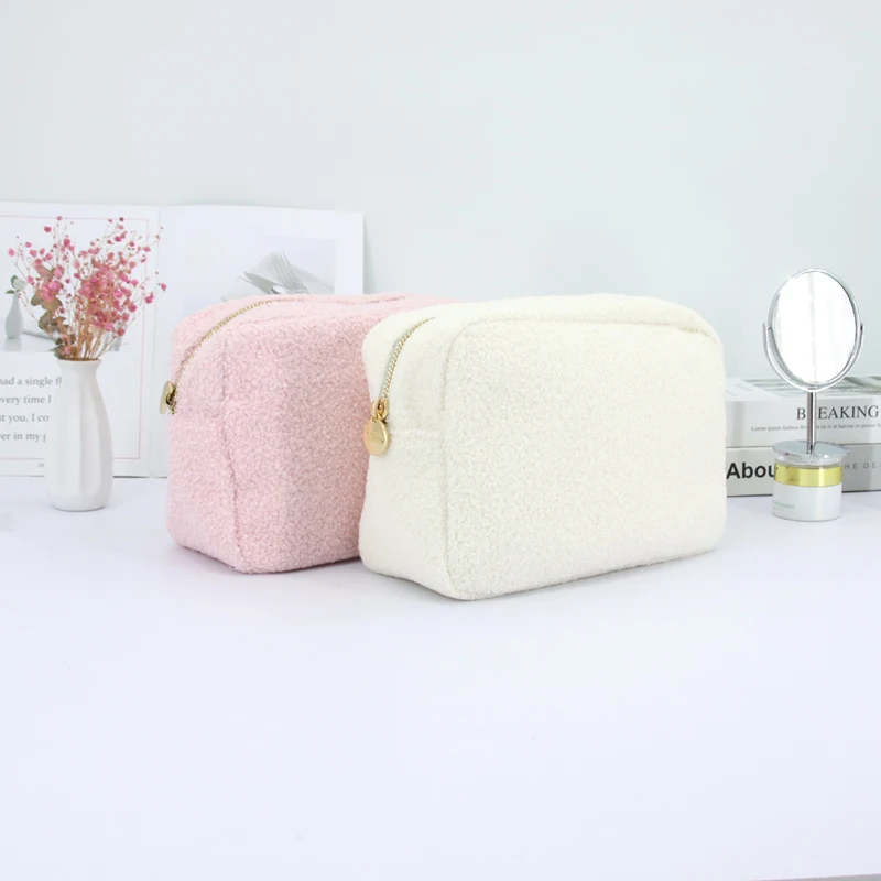 

RTS Stock Wholesale price cheap no MOQ Pink white Towel cloth large women's toiletry bag travel organizer makeup bag