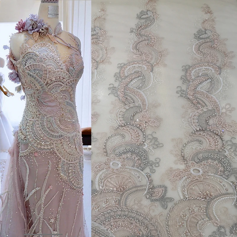 

Nice French Handwork Beautiful Beaded Embroidery Fabric For Party Dress Luxury Bridal Peach Wedding Gown Rhinestone Textile Lace, Peach, customize