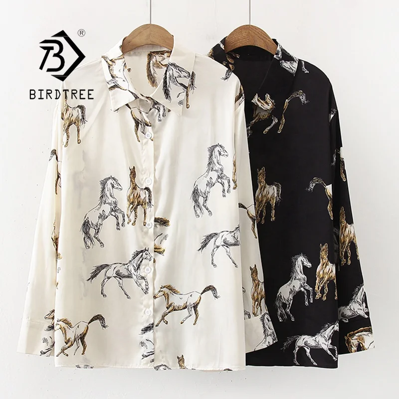 

New Horse Printing Satin Shirt Women Spring Autumn Straight Blouse Long Sleeve Workwear Career Tops T0D006T, 2 colour