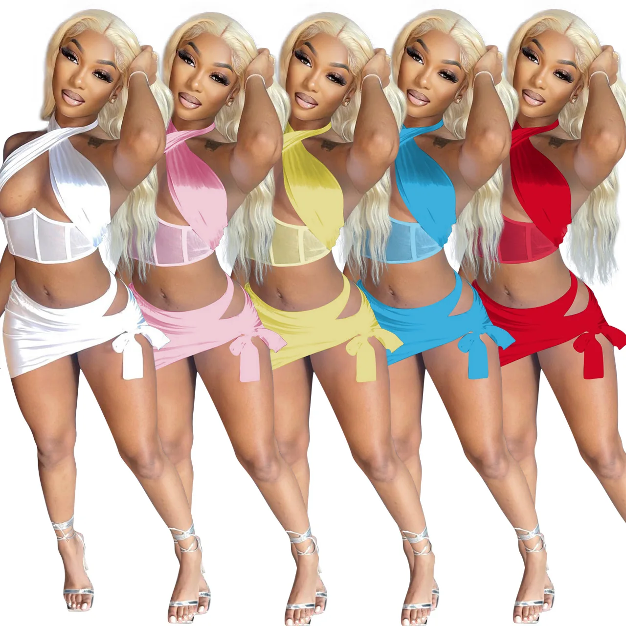 

2022 Summer Bandage Two piece Skirt Sets Women Club Wear Outfits Girls Sexy Satin Crop Top Short Mini Skirt Set, White pink, yellow, blue, red