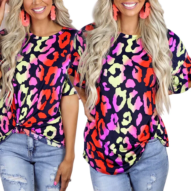 

Amazon hot sale new women's fashion round neck casual leopard print short sleeve t-shirt