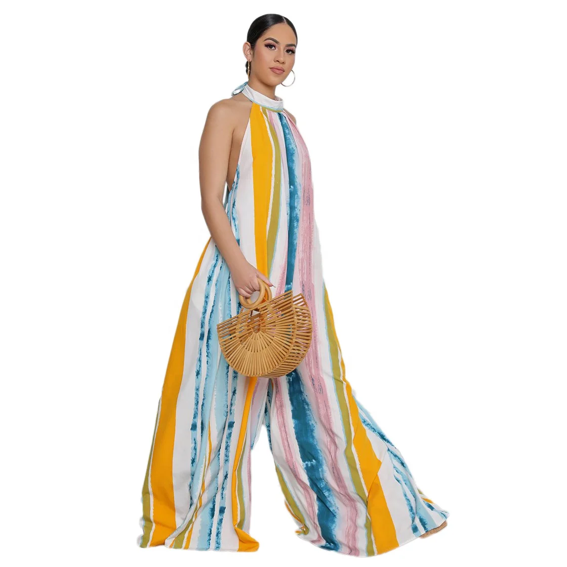 

2021 new arrivals summer plus size stripe wide leg loose jumpsuit women