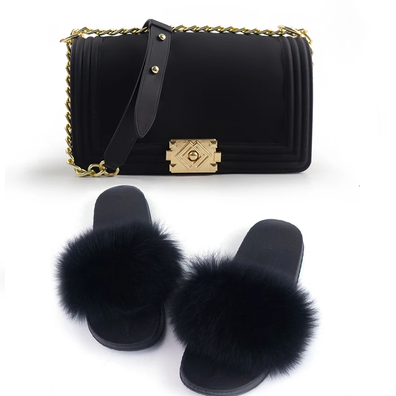 

2021New Arrivals Rainbow Color Fur Slides Slippers And Crossbody Bag Set