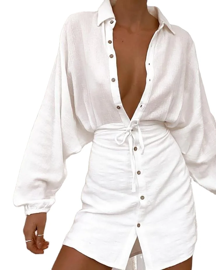 

2021 Cotton Women Sexy Open-chested Long Sleeve Mini Dress Fashion Daily Casual Outfits White Linen Draped Shirt Dress