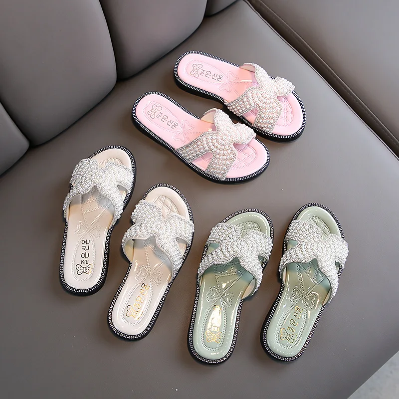 

Girls slippers 2021 summer new fashion pearl rhinestone sandals casual indoor and outdoor slippers, Different colors and support to customized