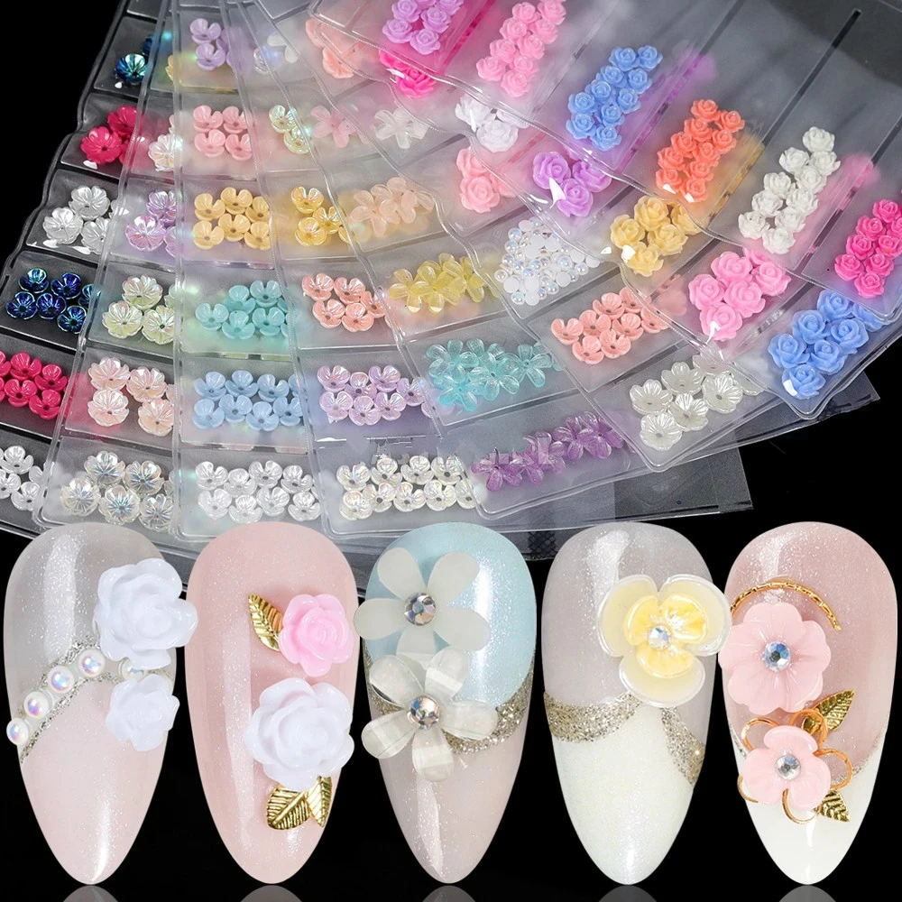

6Grids/Pack 3D rose various petal resin nail art charms pearl acrylic flowers nail rhinestone decorations tips 3d flowers nail, 15 colors