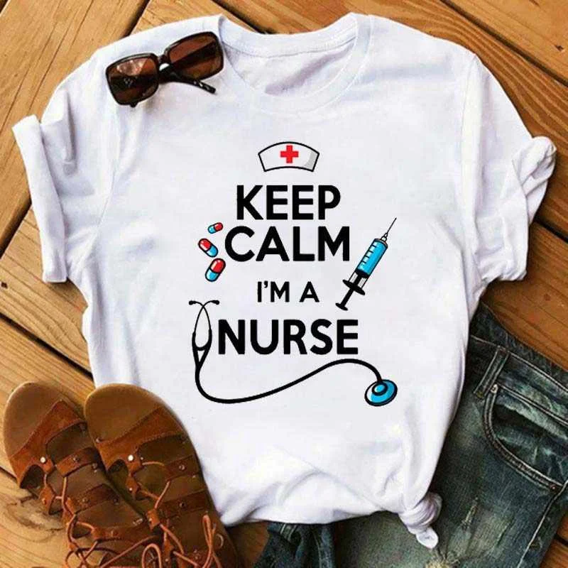 

Women T-shirt Keep Calm Funny Nurse T-shirt Summer Design Nurse Top Casual Ladies Tee Harajuku Short Sleeves Girl T-shirt, White