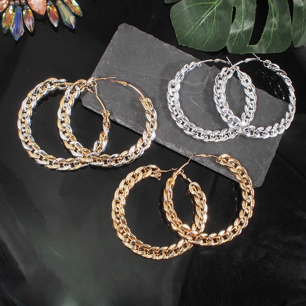 

90mm Exaggerated Gold Silver Link Chain Circle Hoop Earrings Large Cuban Link Chain Hoop Earrings, Silver;gold;tow tone