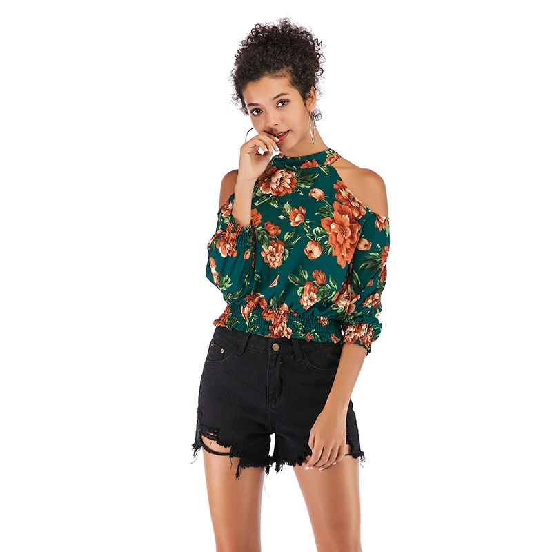 

New print chiffon shirt blouse cropped sleeve women slim sexy tops off shoulder top, N/a