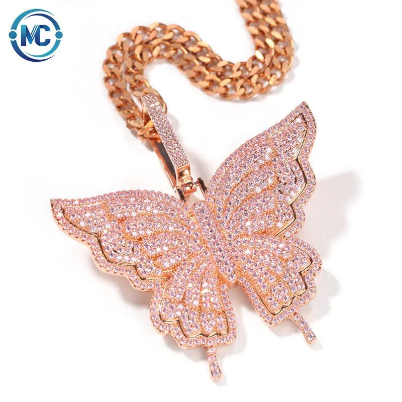 

2021 New Arrival Iced Out 3D Butterfly pendants necklace Pink CZ Pendant Tennis Chain Cuban Chain Necklace hiphop Rapper