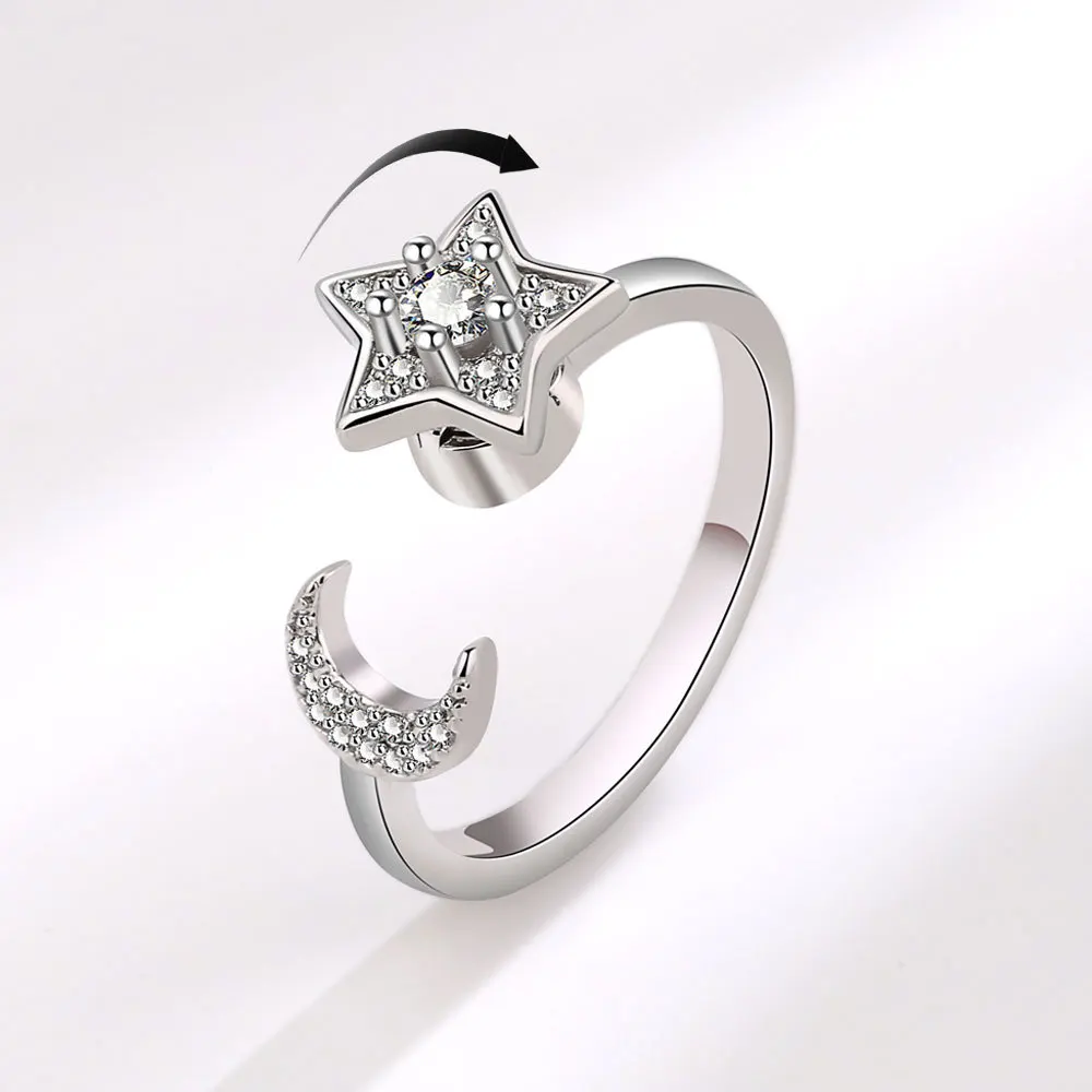 

2023 New Arrivals Adjustable Rotatable Spinner Ring Zircon Moon Star Fidget Ring For Women