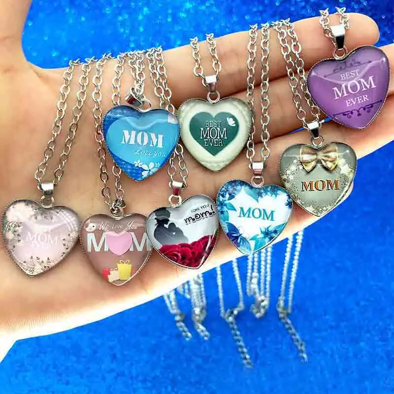 

8 Style Love You MOM Necklace Charm Glass Heart Pendant Fashion Gemstone Necklaces Simple Jewelry Mother's Day Gift Kimter-M097F
