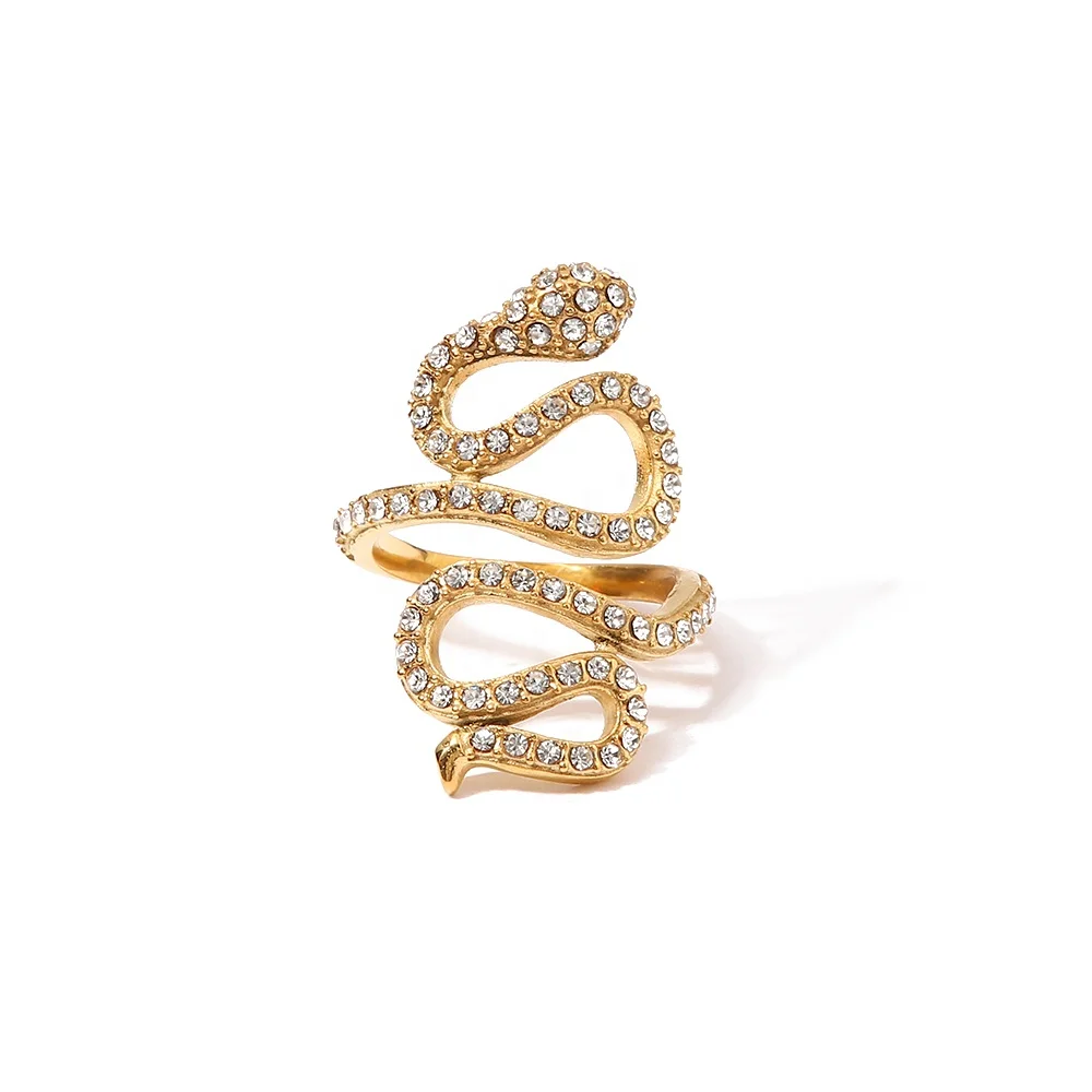 

Chunky Snake Shape Curve Stylish White Diamond 18K Gold Plated Stainless Steel Opening Rings