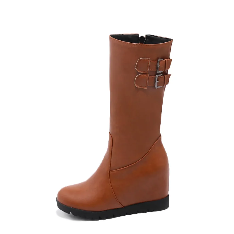 

Winter solid color round head Belt Buckles Side Zipper Ladies'booties