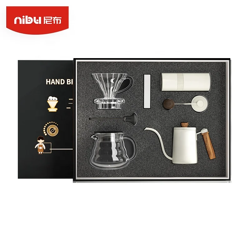 

Nibu Glass Filter Coffee Drip Set Gooseneck Kettle Hand Manual Grinder Gift Box V60 Coffee Dripper Set Pour Over Coffee Maker, Black, brown
