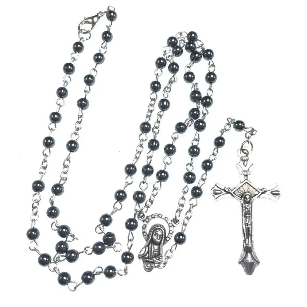 

Hematite Rosary Black Stone 4mm Bead blessed catholic rosary First Communion gifts, Black hematite color