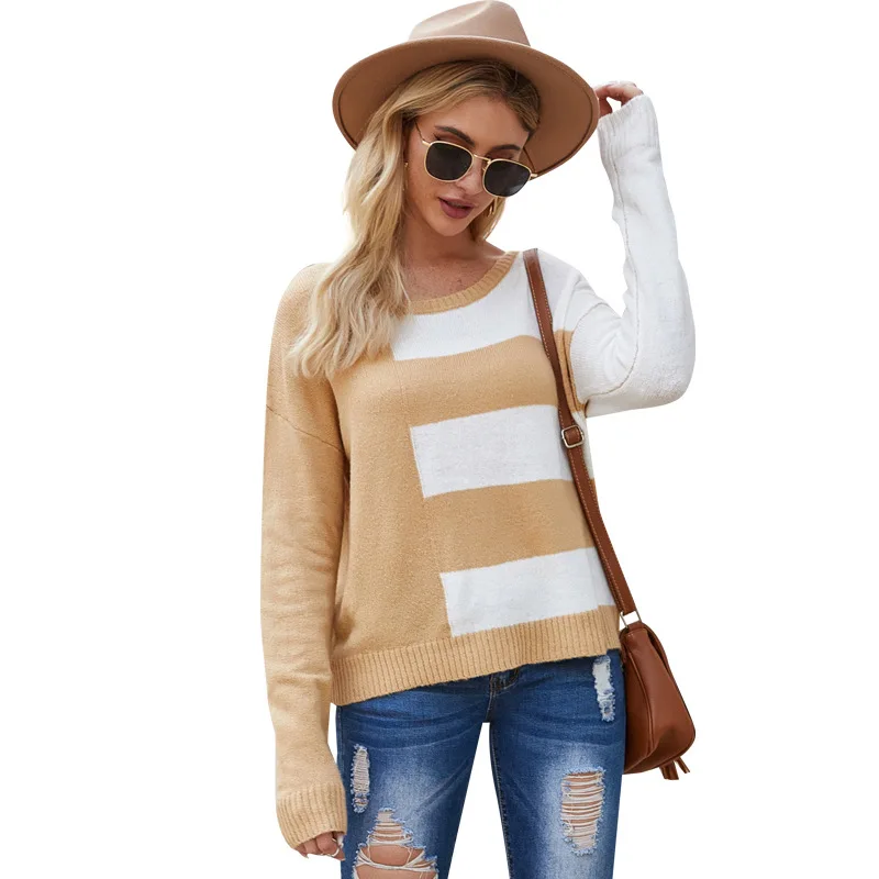 

Autumn / winter 2021 new women's o-neck Pullover Sweater stripe contrast knit bottomed sweater Pullover