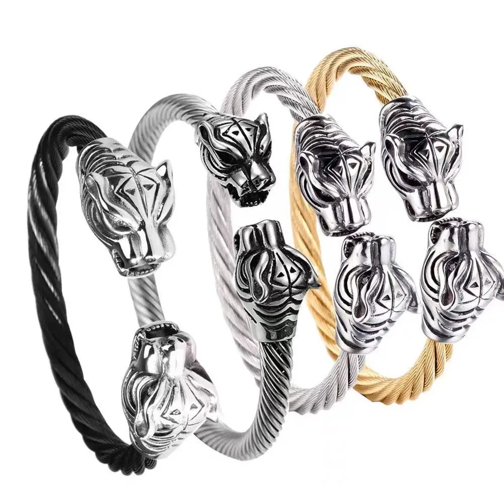 

Classic retro stainless steel casting leopard head Bracelet men's wire rope leopard head Bracelet manufacturer wholesale