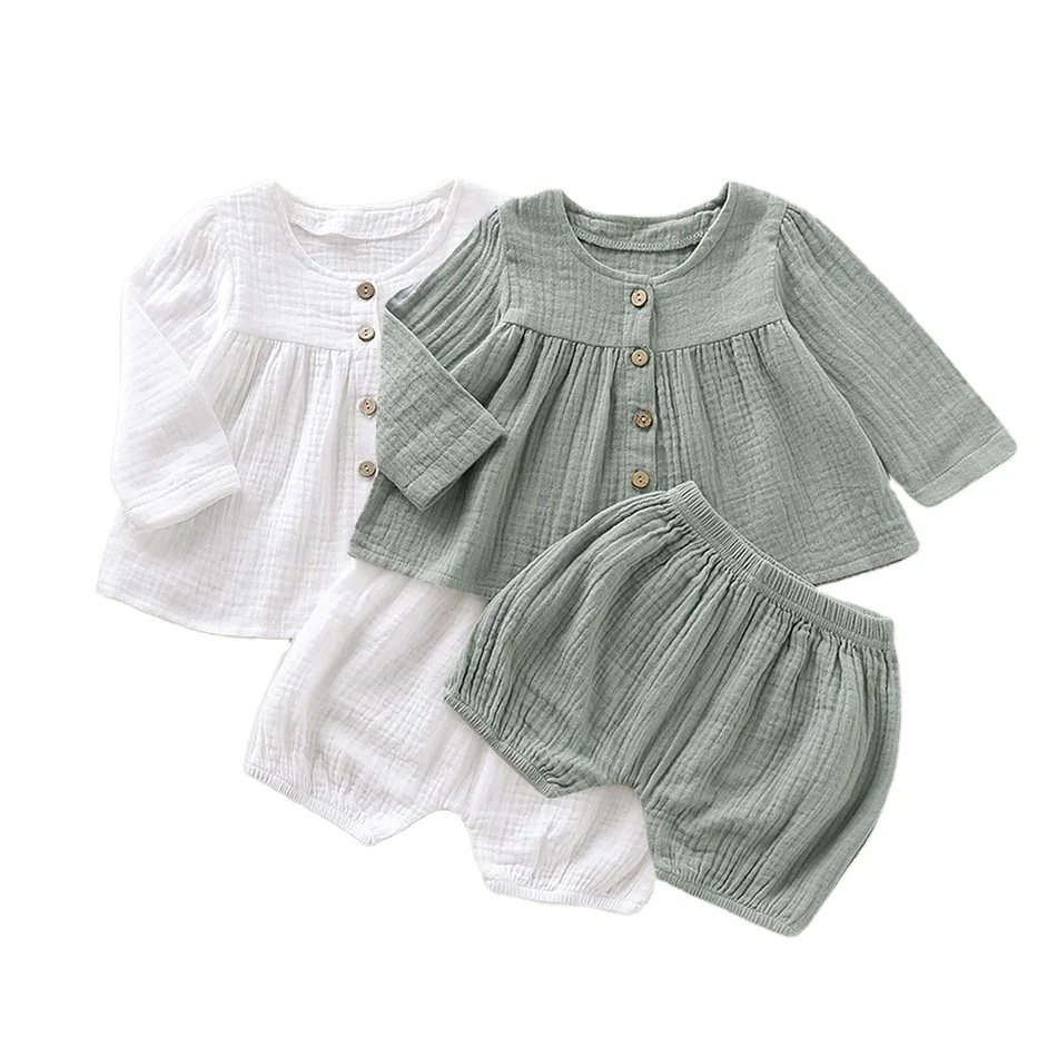 

white green color BABY kids toddler muslin cotton linen crape long sleeve button tops with shorts outfit 2pcs set suit, As the pictures