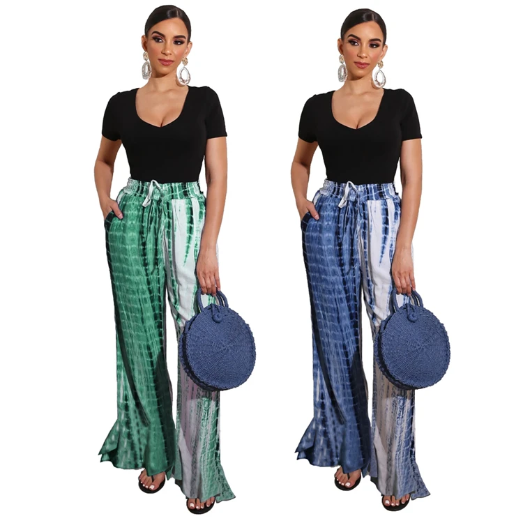 

2020 Casual Straight Ruffled Wide Leg Drawstring Loose Comfortable Tie Dye Stripe Print Women Long Trousers Flare Pants, Picture