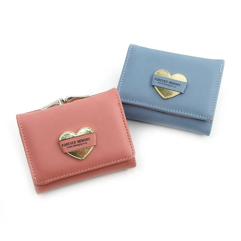 

New Arrival Heart Short Coin Purse Personalized Button Cute Multi-card Mini Clips Wallet For Women, 7 colors