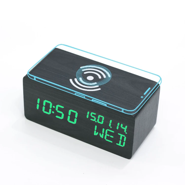 

Mobile phone Qi Wireless charging wooden digital alarm clock with calendar