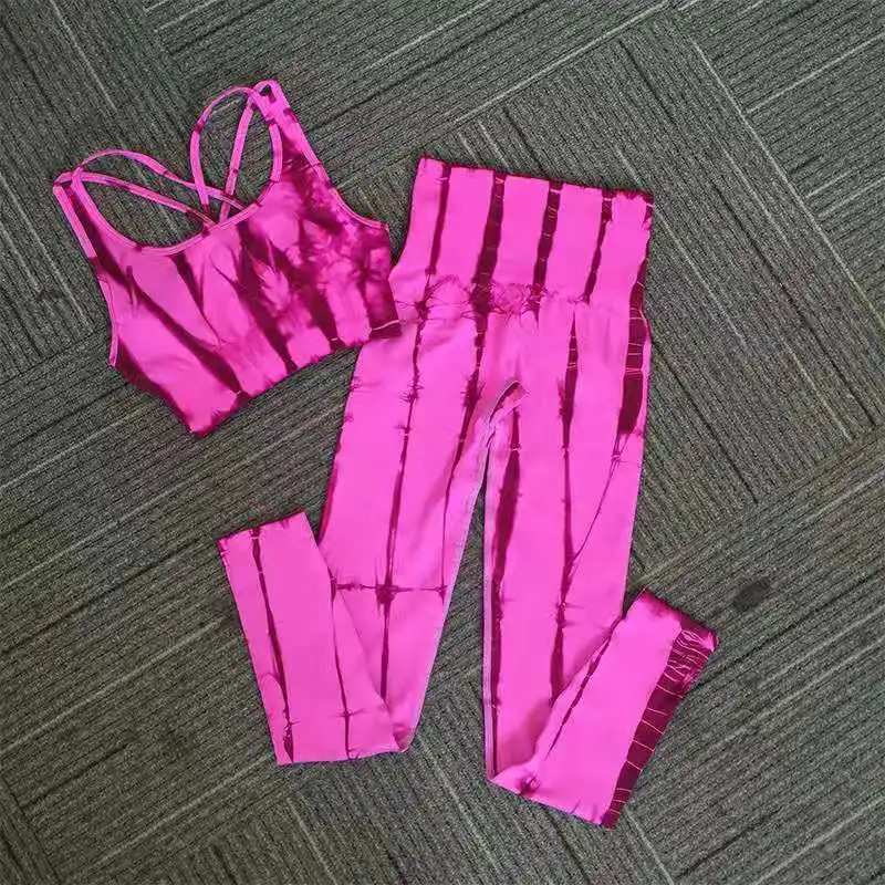 

Tie-dyed Seamless Gym Yoga Set Wicking High Waist Leggings Workout Set Cross Back Bra Yoga Pants Sets, As picture