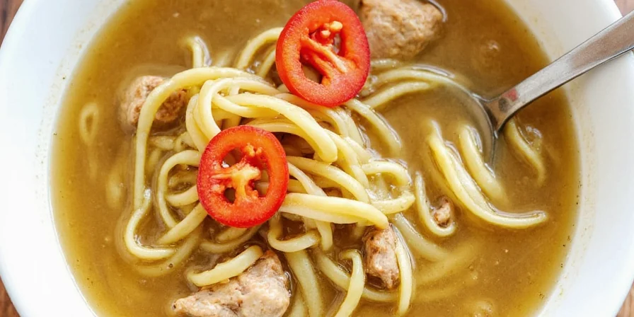 Final bowl of chicken noodle soup with herbs on top