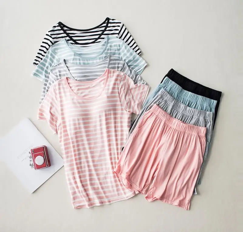 

New Modal Lady Short Sleeve sleepwear Set with Bra Pad Bra One Piece Half Sleeve Shorts Striped Loose Large Size Home Wear Set