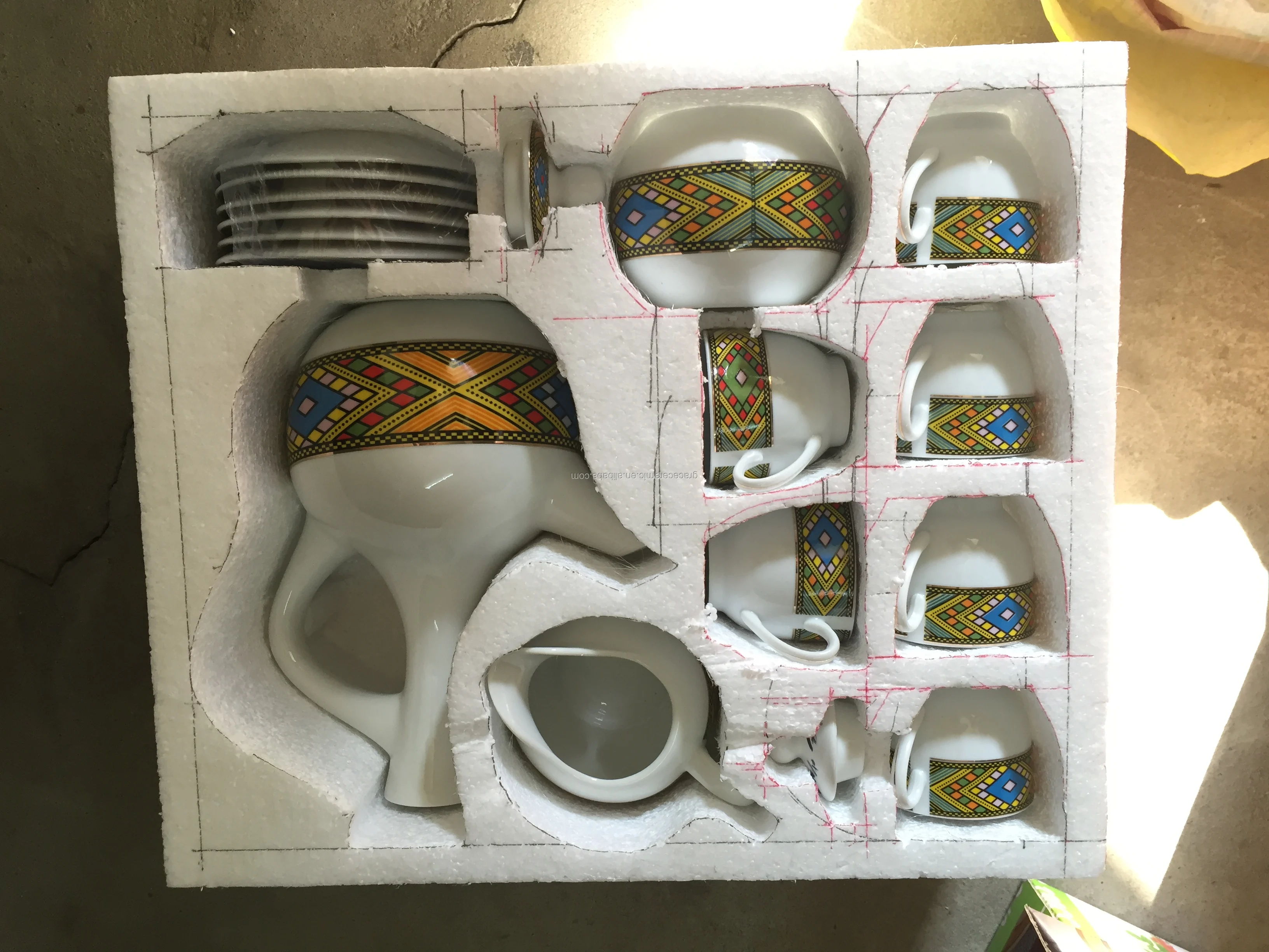 Cheap Square Shape 16pcs Ceramic Habesha Coffee Set Traditional